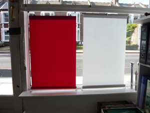 Bottom up roller blinds - shop display Changing Curtains Highgate