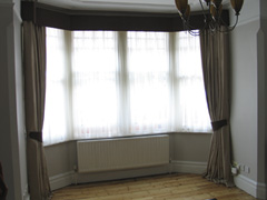Interlined linen curtains with flat contrast pelmet Finchley