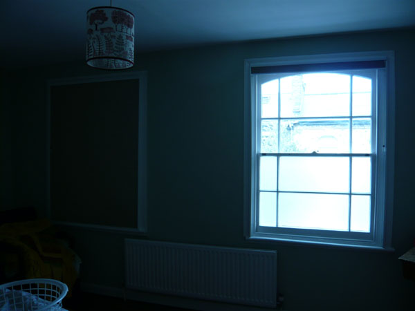 a pair of blackout duette blinds with side channels - one up one down, no flash