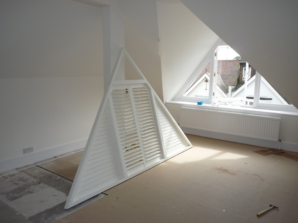 63mm silk white triangular shaped shutters 