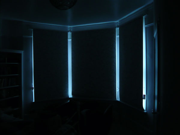 Blackout roller blinds lowered in bay window, photo taken without flash to demonstrate the possible light wash in the middle of the day or with street lights at night