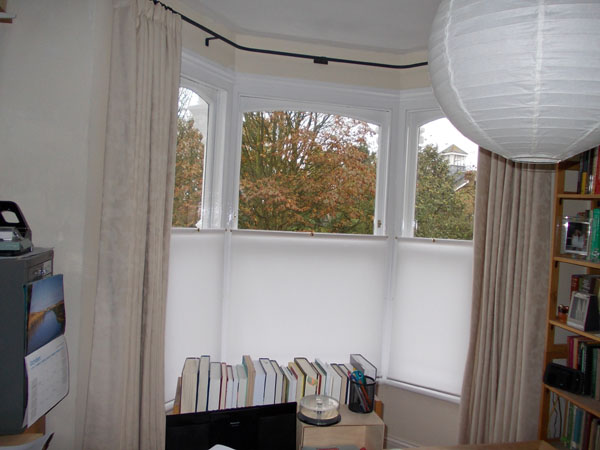 bottom up blinds, with curtains and bay window curtain pole