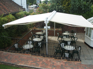 Freestanding twin awning for 36 sq metres of al fresco dining in Herts
